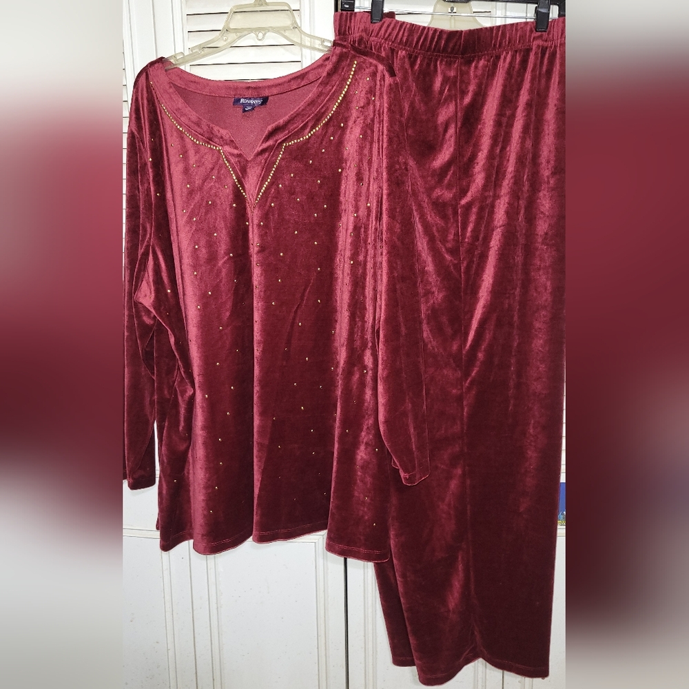 Roaman's Deep Red Velvet Top with Metallic Details